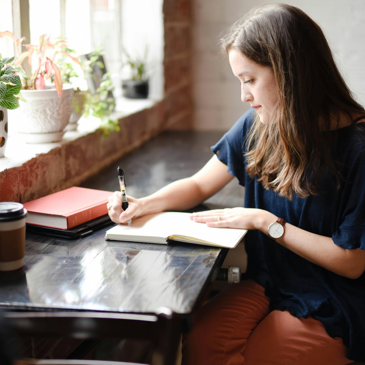 Writing an update in a journal by a sunlit window